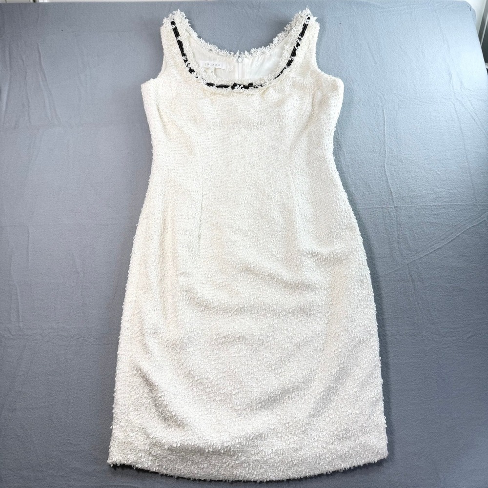 Vintage Escada White Tweed Boucle Sheath Dress 38 Slovenia Luxury Ribbon Trim - Picture 2 of 8